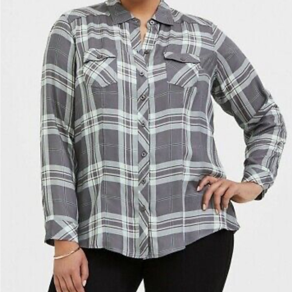 Torrid Taylor Grey Plaid Twill Button Front Slim Fit Shirt Size 2X (18-20) Rayon